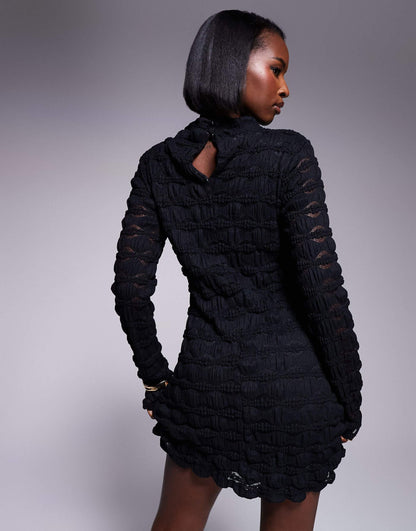 Mesh Embroidered Long Sleeve High Neck Mini Dress