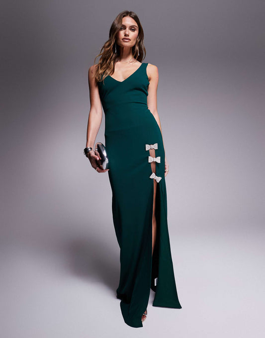 Diamante Brooch Thigh Split Mermaid Maxi Dress