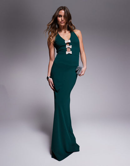 Embellished Diamante Bow Mermaid Halter Neck Maxi Dress