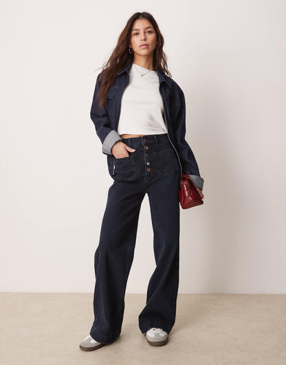 Wide Leg Jean With Patch Pockets And Gold Detail Button Fly