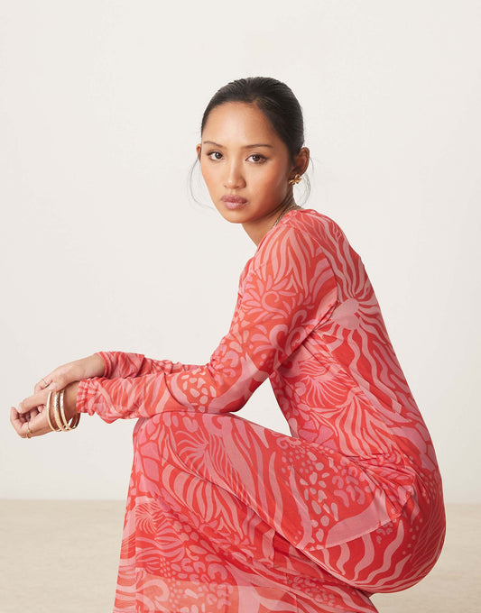 Petite Long Sleeve Mesh Midaxi Dress