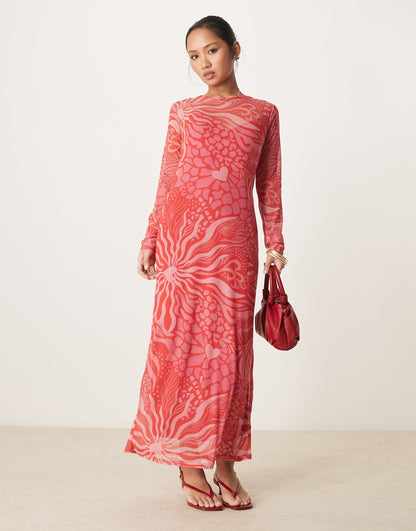 Petite Long Sleeve Mesh Midaxi Dress
