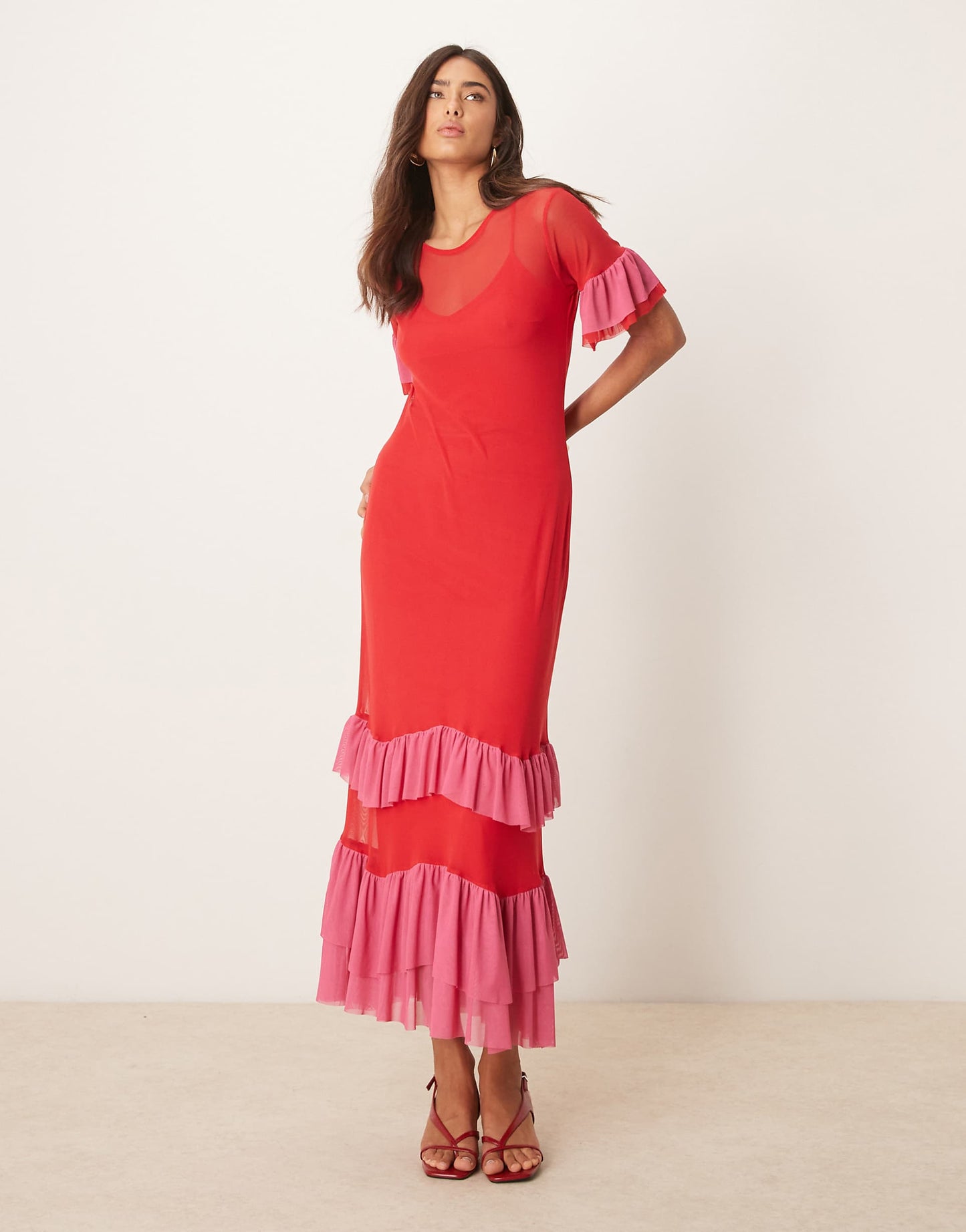 Mesh Ruffle Maxi Dress