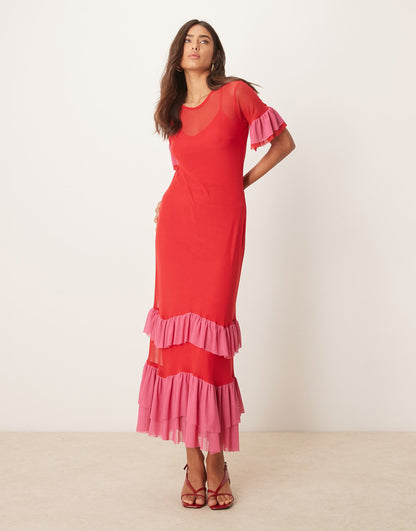 Mesh Ruffle Maxi Dress