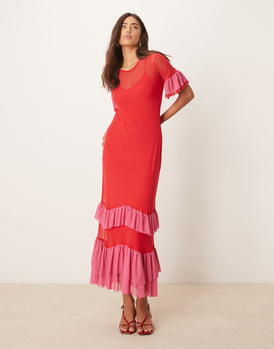 Mesh Ruffle Maxi Dress