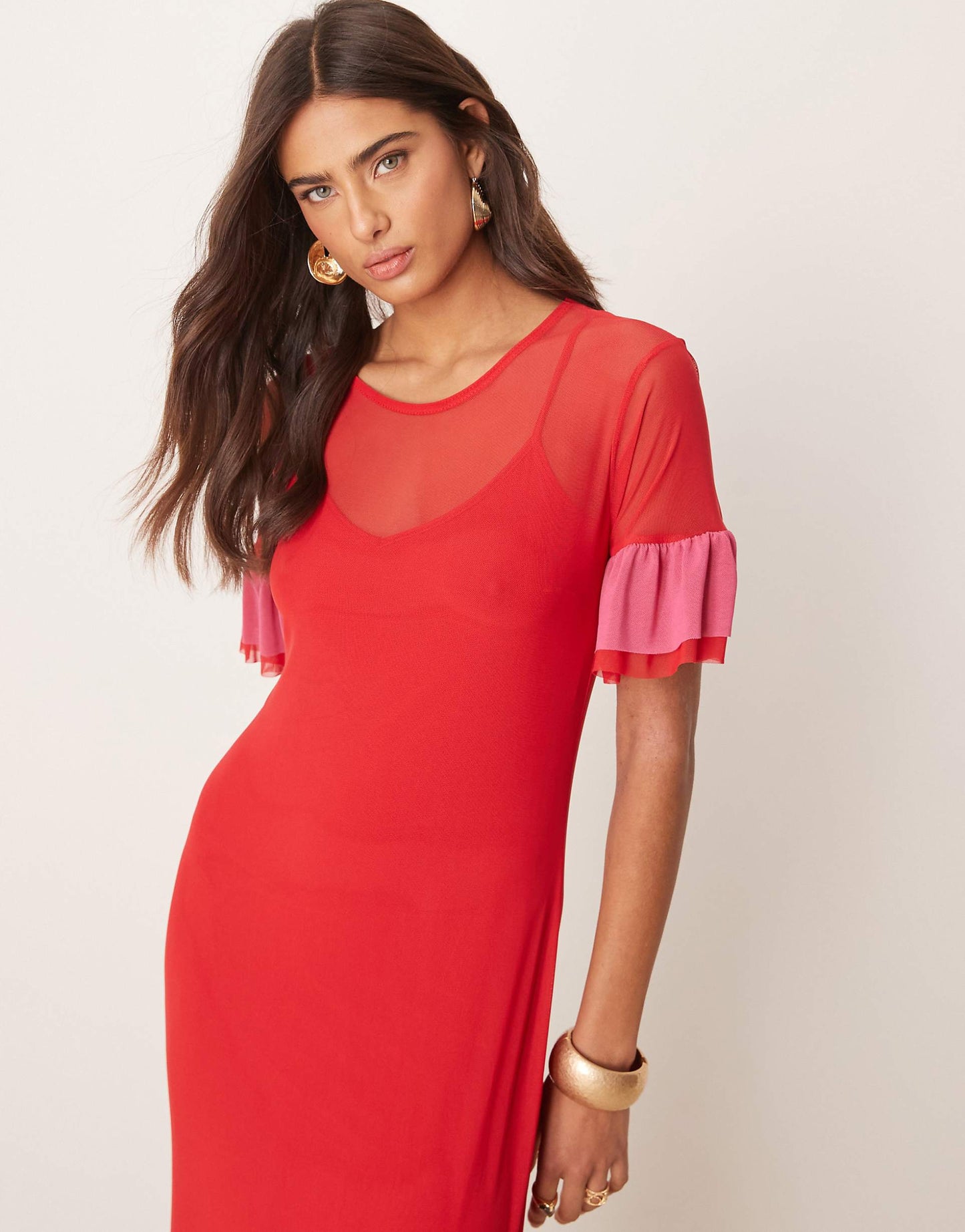 Mesh Ruffle Maxi Dress