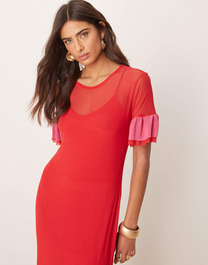 Mesh Ruffle Maxi Dress