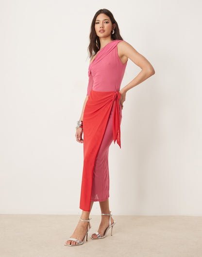 One Shoulder Contrast Midaxi Dress