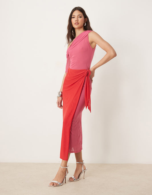 One Shoulder Contrast Midaxi Dress