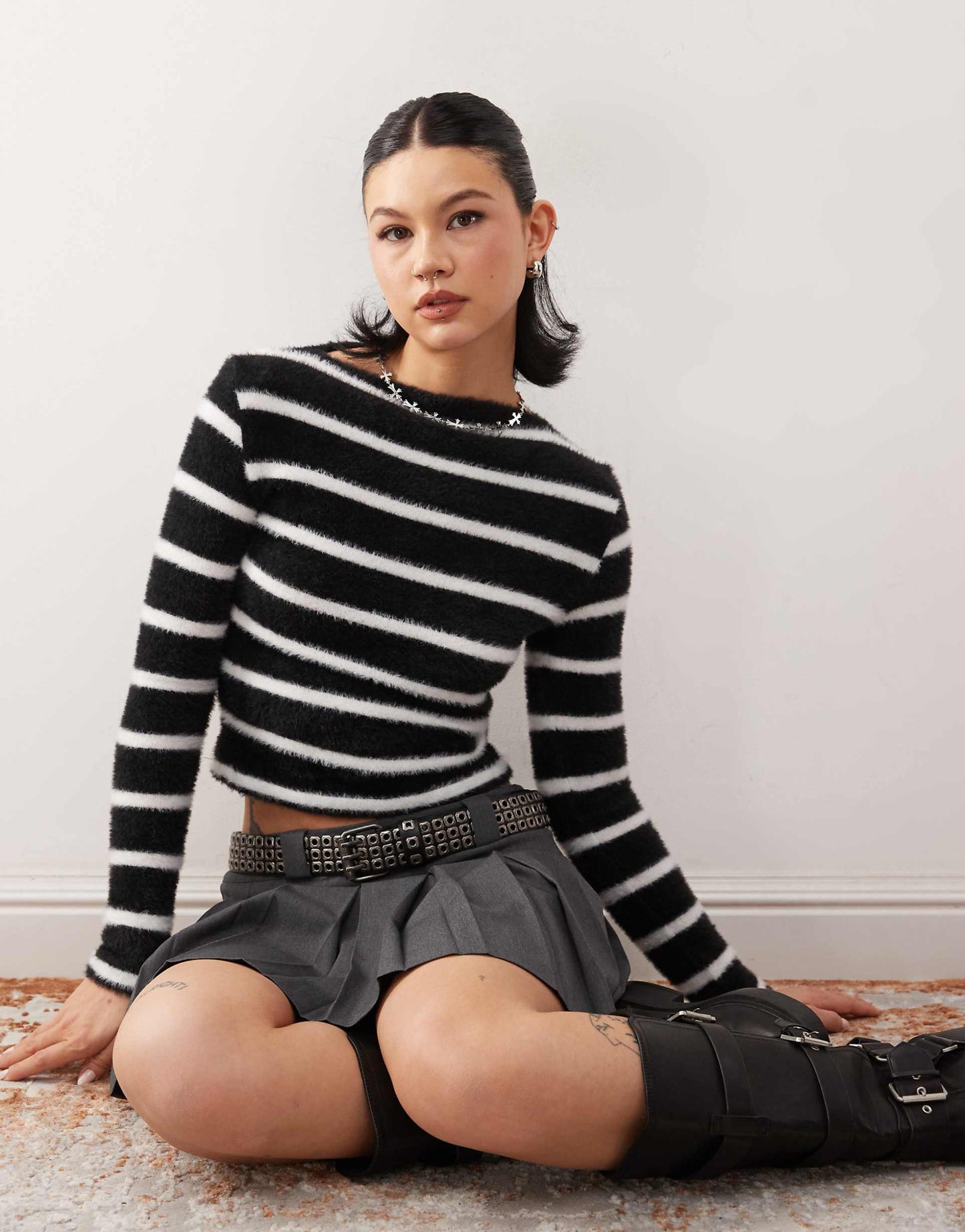 Slash Neck Fluffy Monochrome Stripe Fitted Jumper