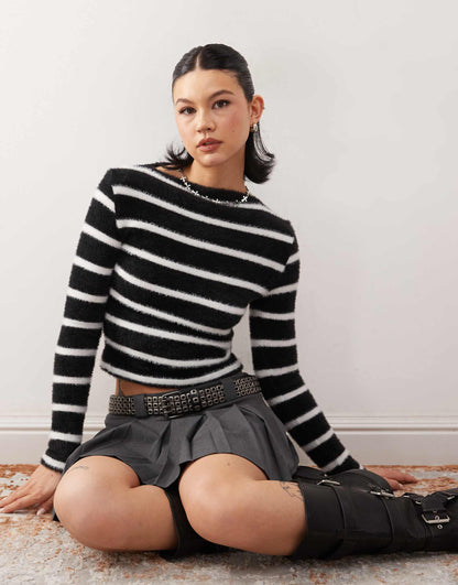 Slash Neck Fluffy Monochrome Stripe Fitted Jumper