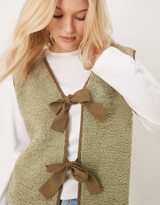 Borg Gilet With Bow Tie Details
