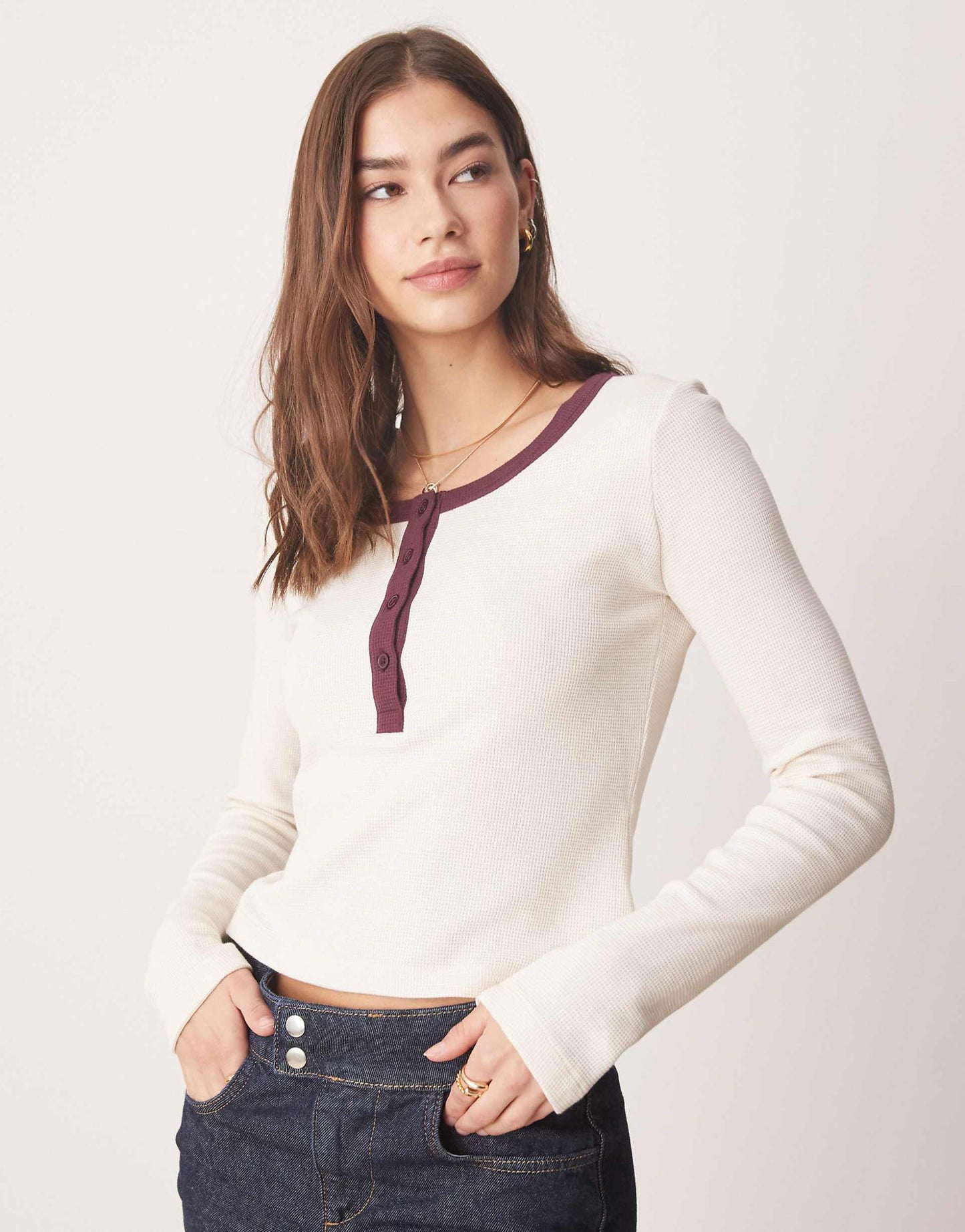 Waffle Scoop Neck Henley Top