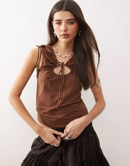 Cut Out Ruched Tank With Tie Details