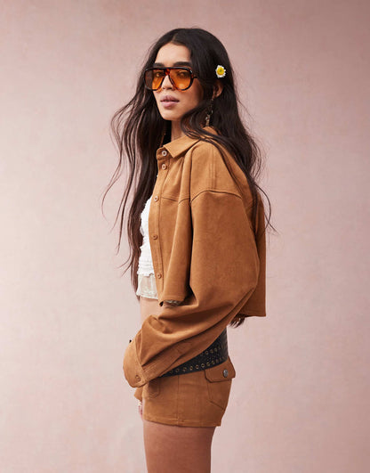 Co-Ord Faux Suede Cropped Shirt With Western Detail