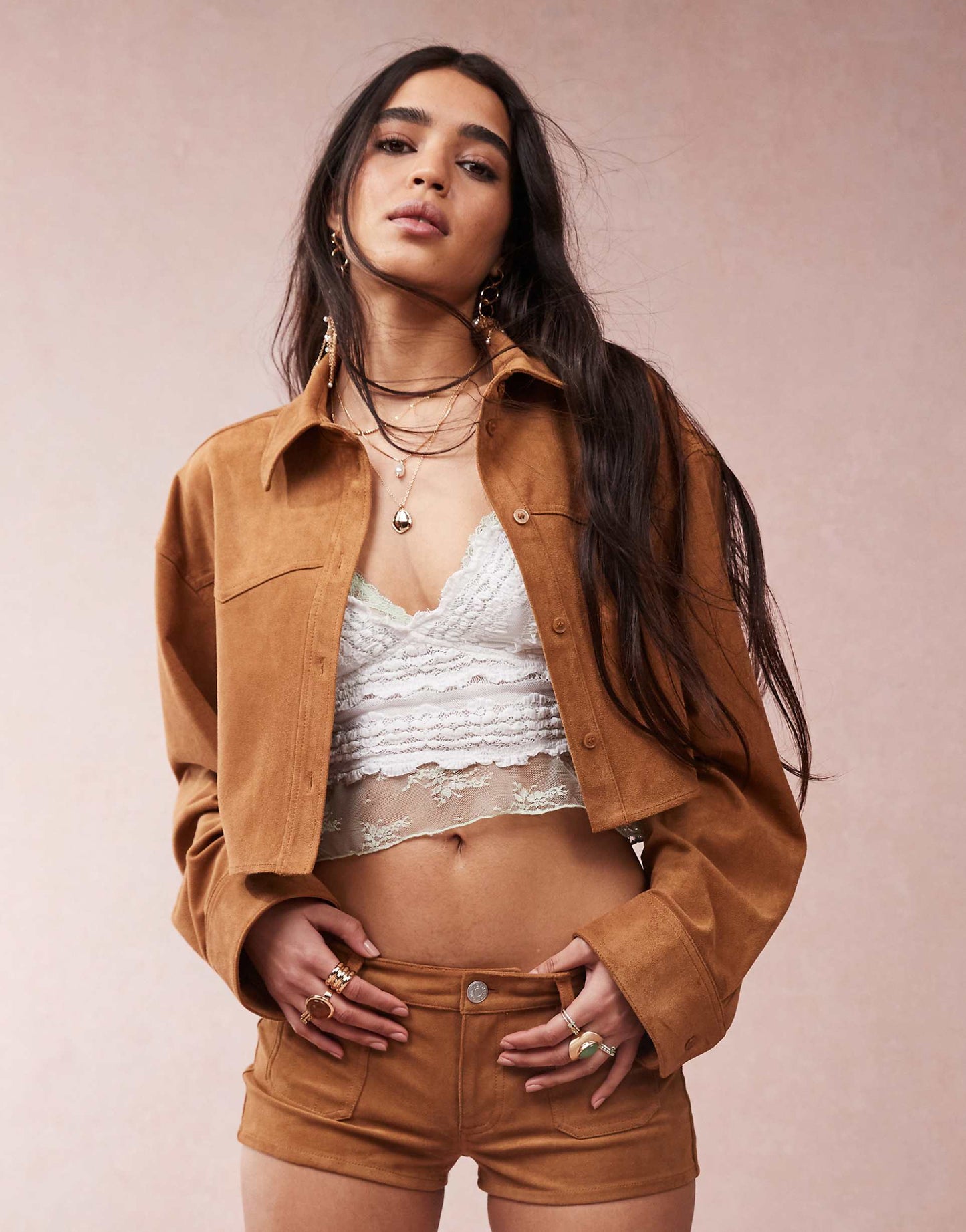 Co-Ord Faux Suede Cropped Shirt With Western Detail