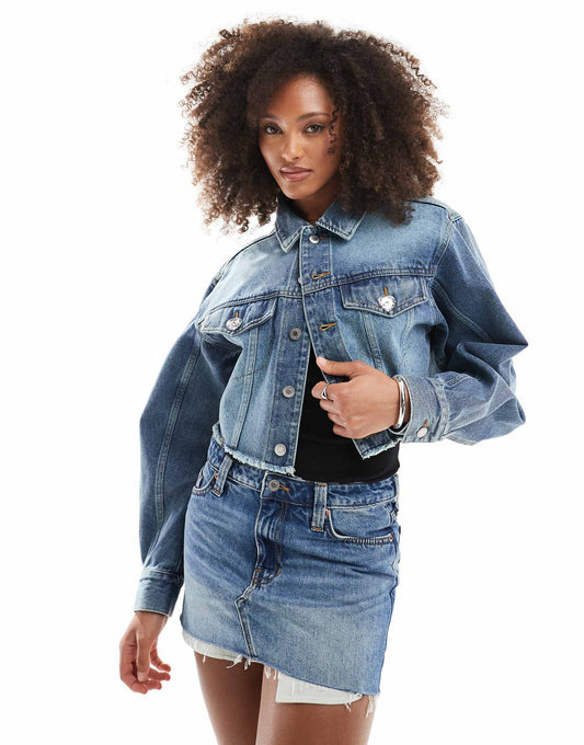 Cropped Raw Hem Denim Jacket