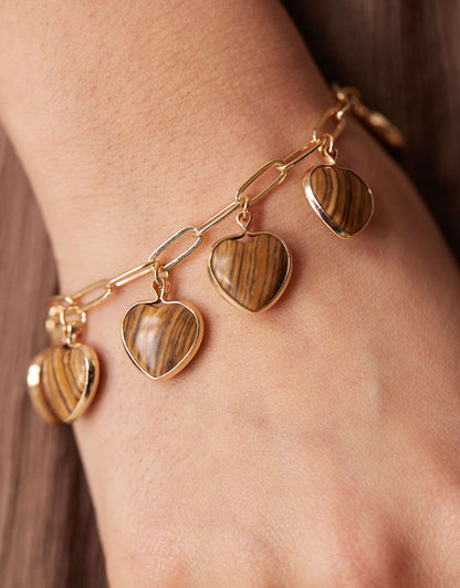 Bracelet With Faux Tigers Eye Heart Charms