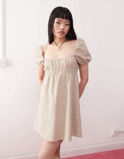 Linen Puff Sleeve Mini Dress
