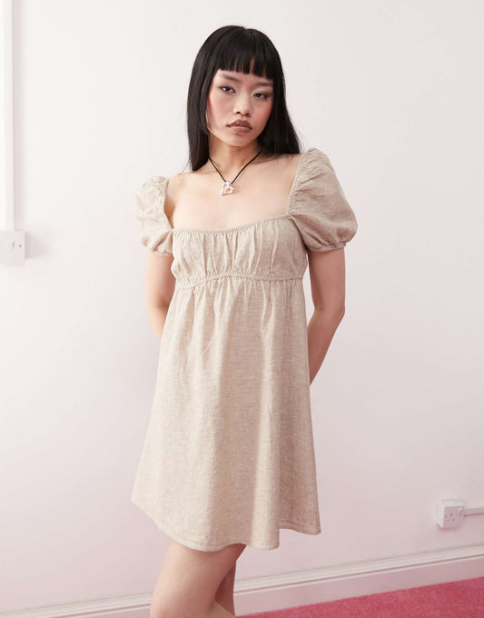 Linen Puff Sleeve Mini Dress