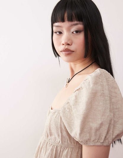 Linen Puff Sleeve Mini Dress
