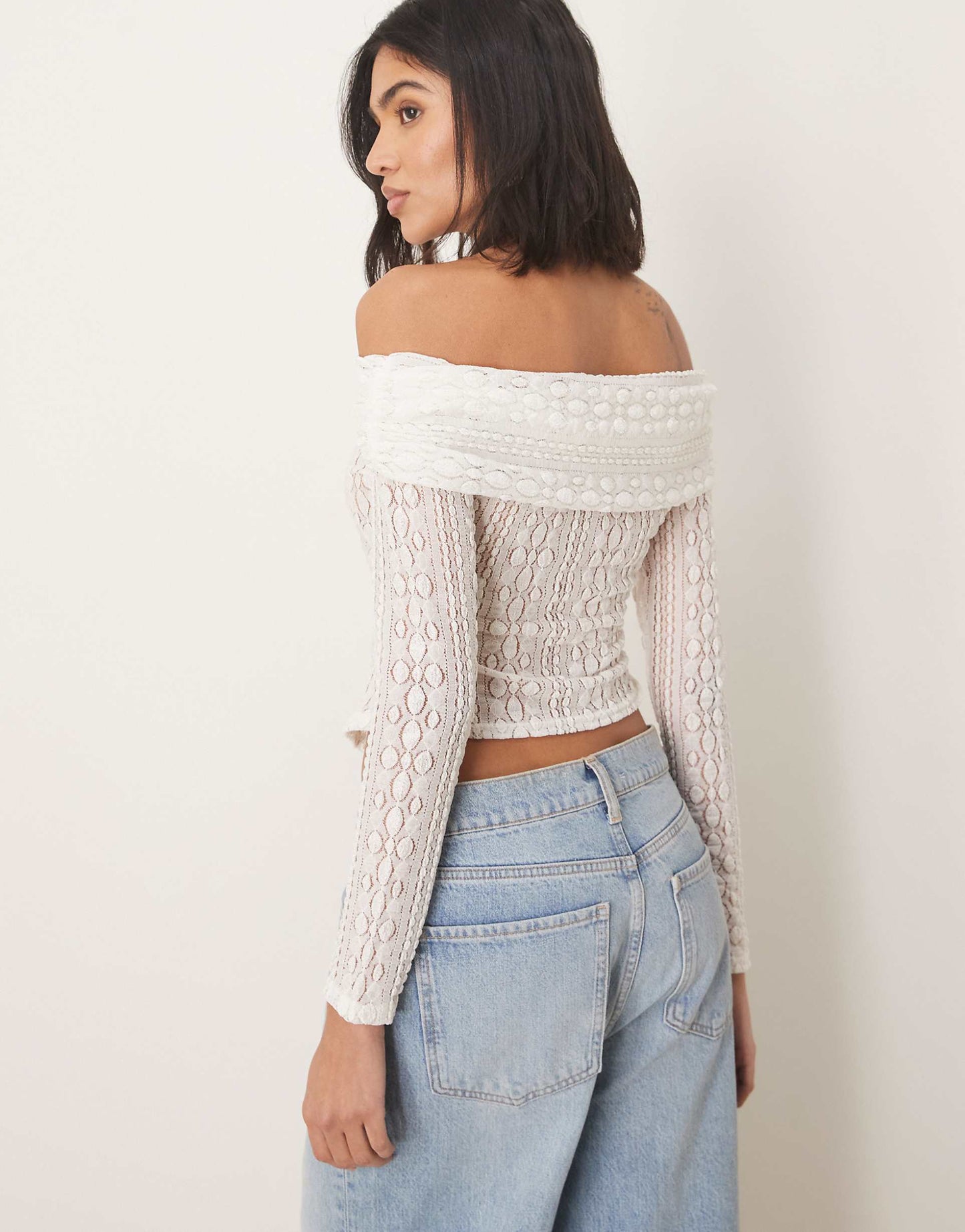 Lace Off The Shoulder Long Sleeve Top With Tie Detail