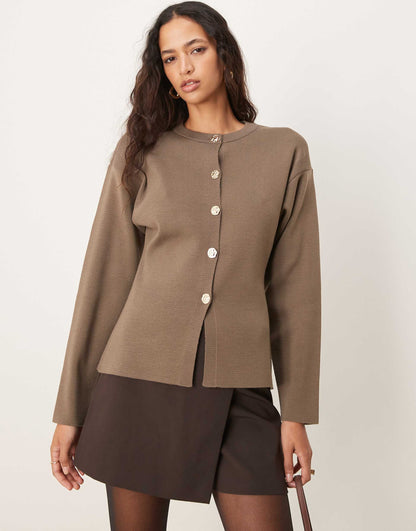 Knitted Structured Crew Neck Cardigan With Gold Buttons