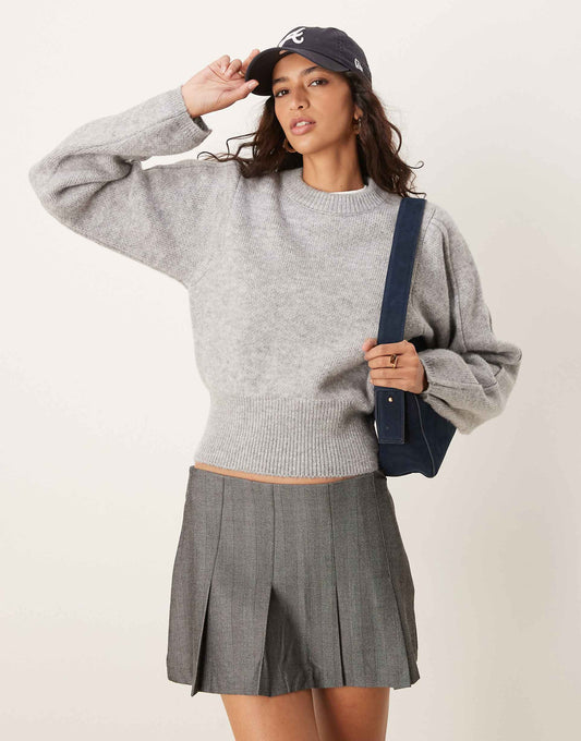 Knitted Crew Neck Sculpted Jumper With Structured Sleeve And Rib Hem