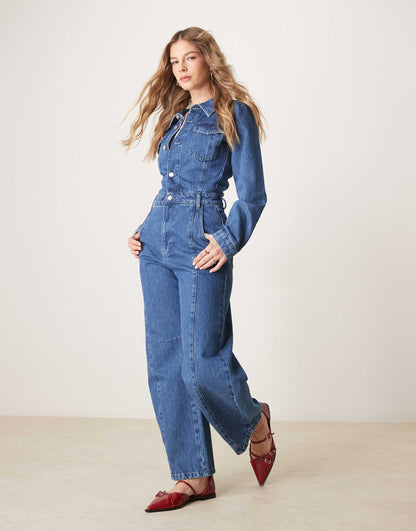 Denim Barrel Leg Long Sleeve Jumpsuit