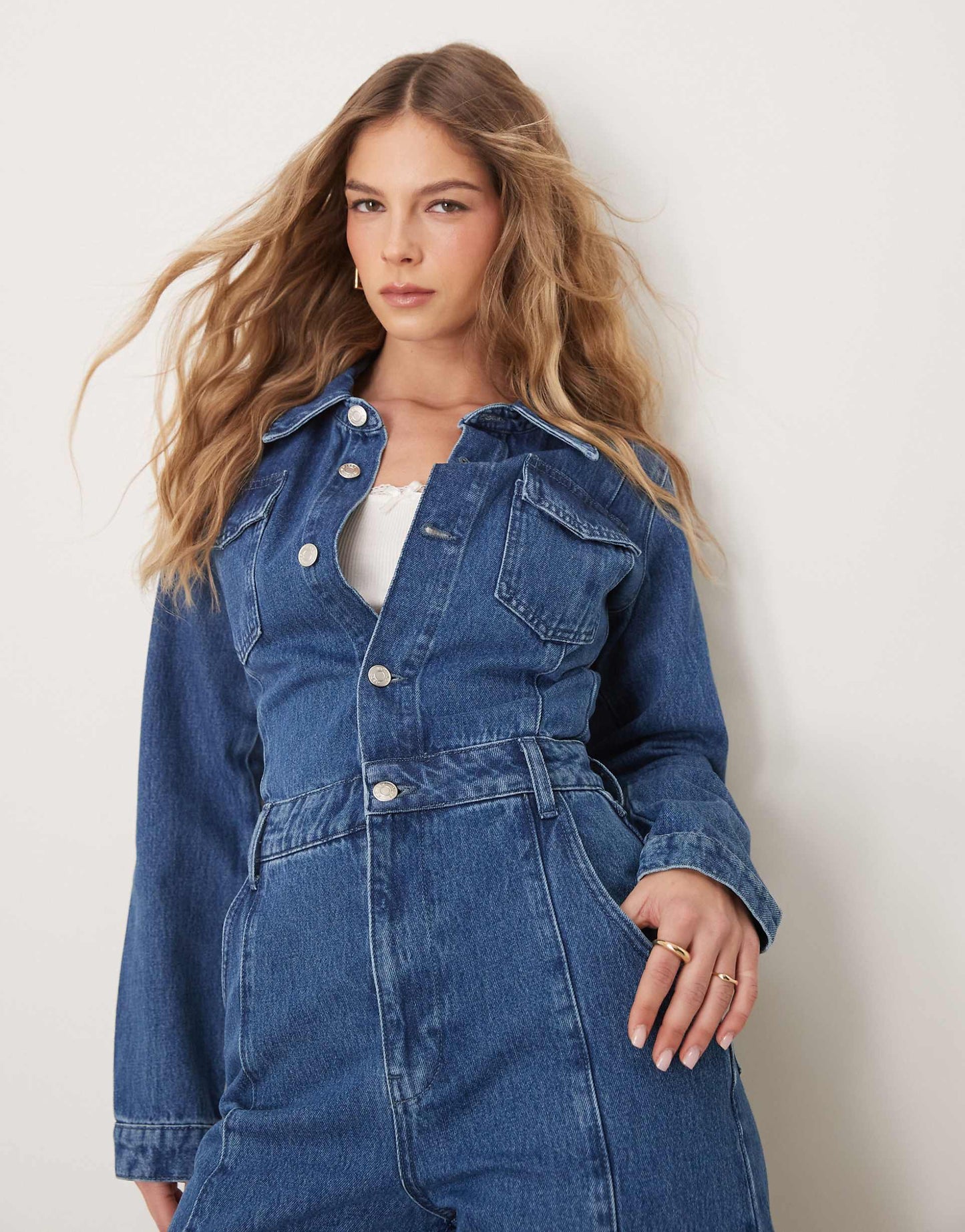 Denim Barrel Leg Long Sleeve Jumpsuit