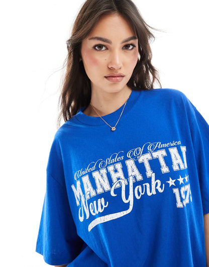 Linen Look Oversized Tee With New York Graphic