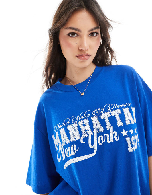 Linen Look Oversized Tee With New York Graphic