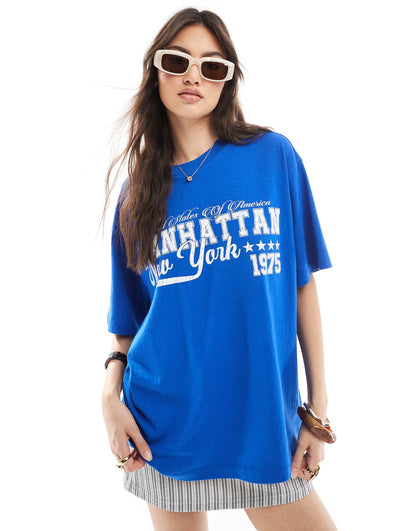 Linen Look Oversized Tee With New York Graphic