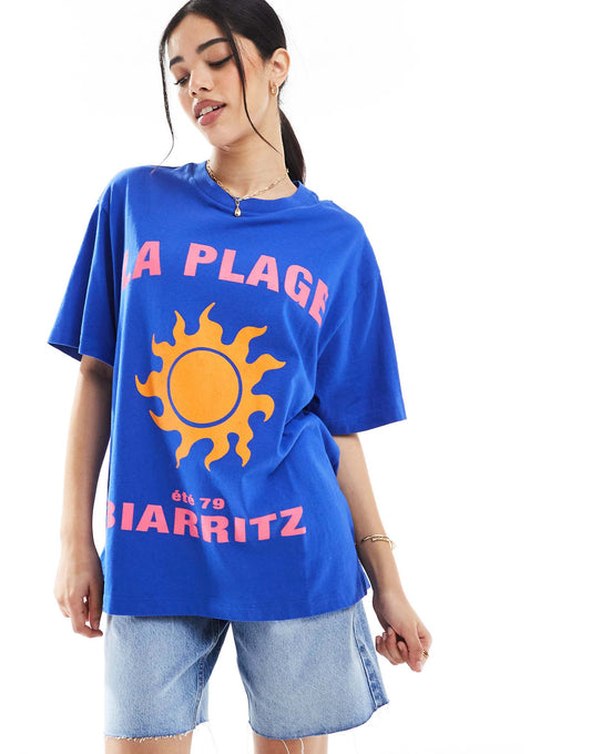 Oversized Linen Look T-Shirt With La Plage Sun Graphic