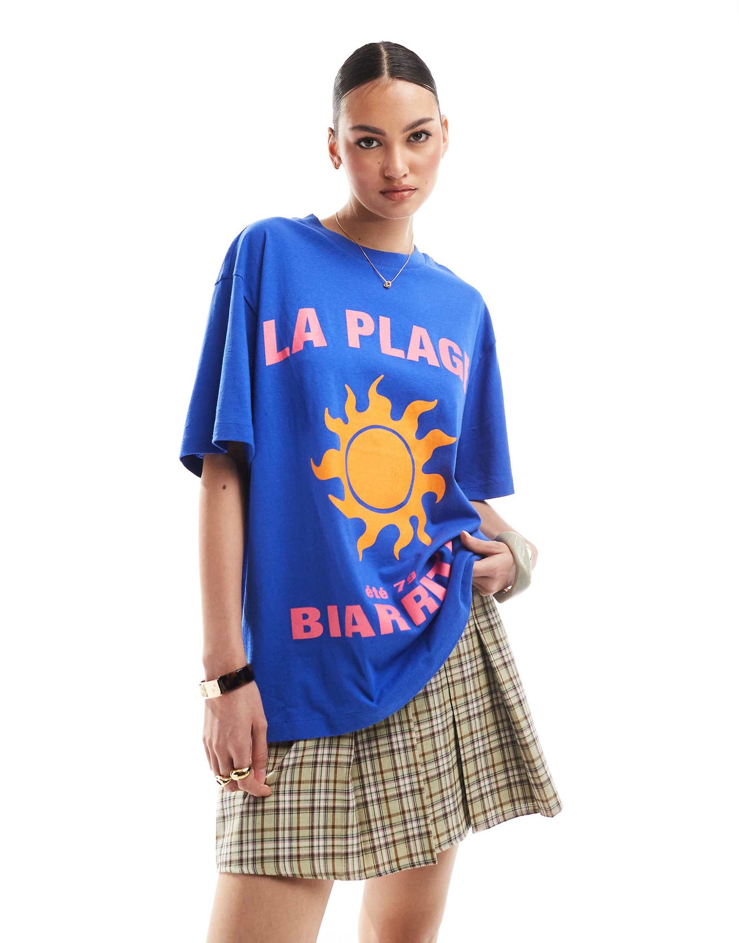 Oversized Linen Look T-Shirt With La Plage Sun Graphic