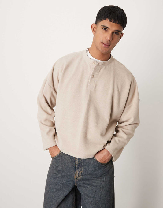 Super Oversized Cropped Heavyweight Rib Henley Jumper