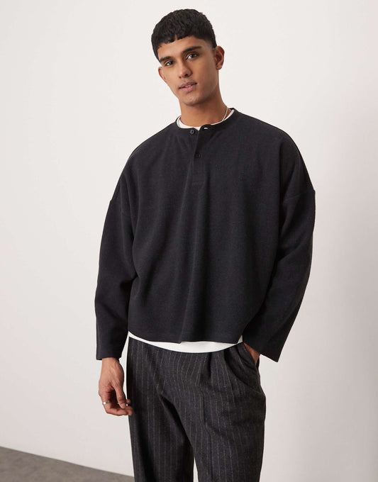 Super Oversized Cropped Heavyweight Rib Henley Jumper