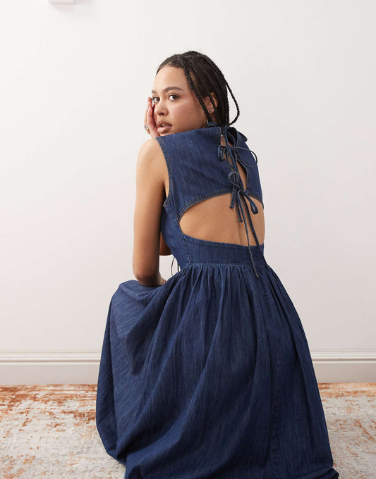 Tie Back Denim Midi Dress