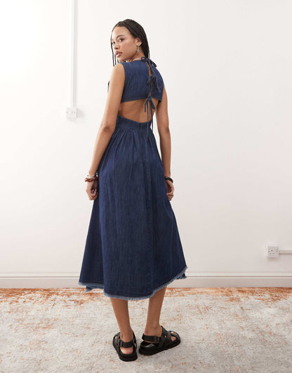 Tie Back Denim Midi Dress