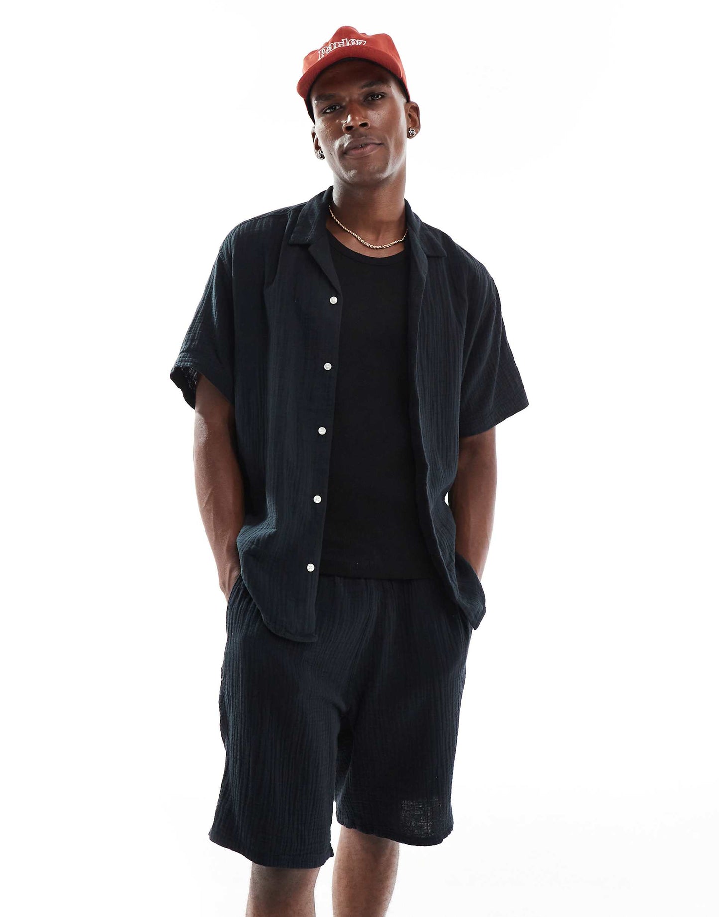 Texture Revere Collar Shirt And Short Set