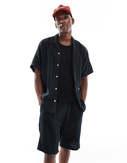 Texture Revere Collar Shirt And Short Set