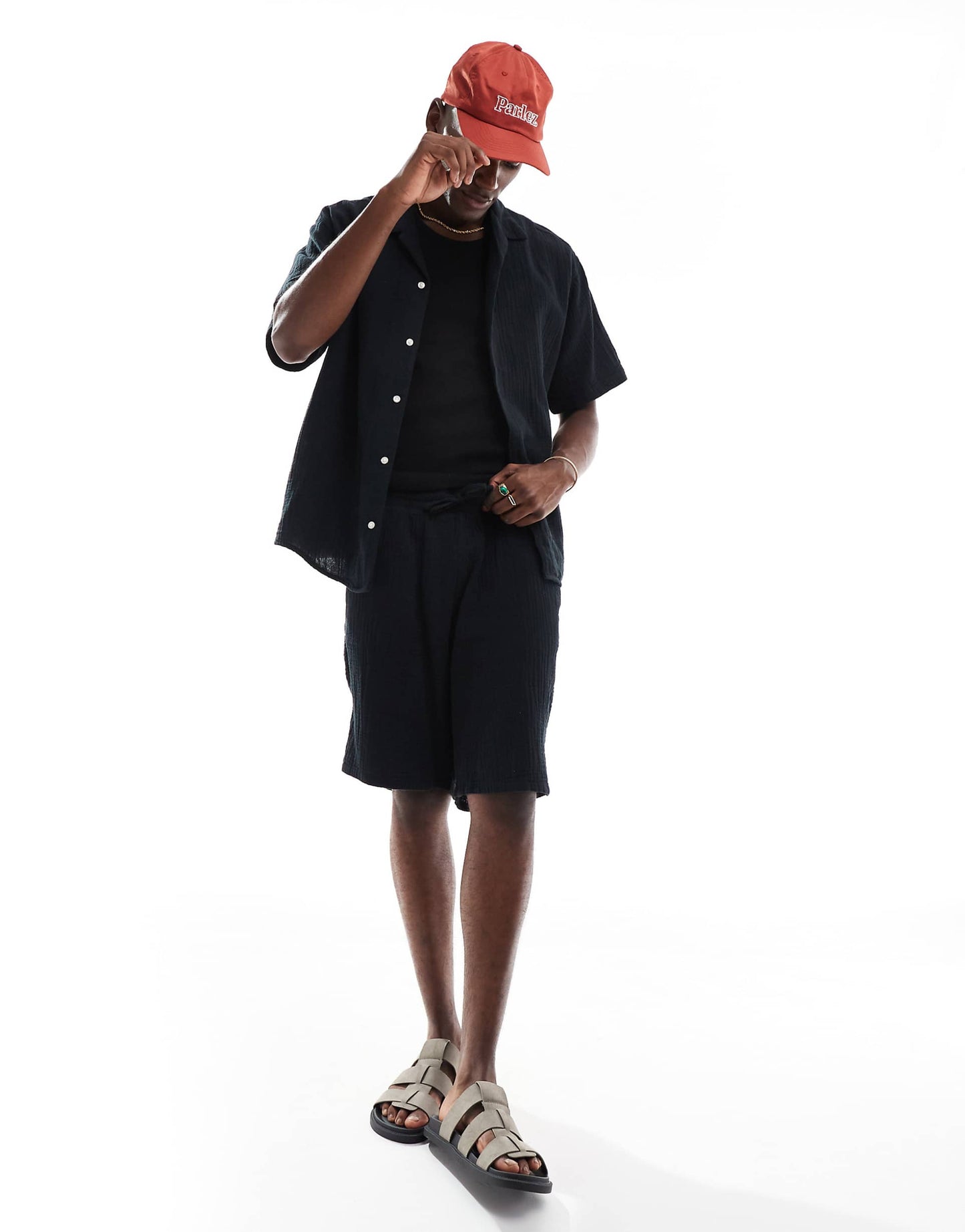 Texture Revere Collar Shirt And Short Set