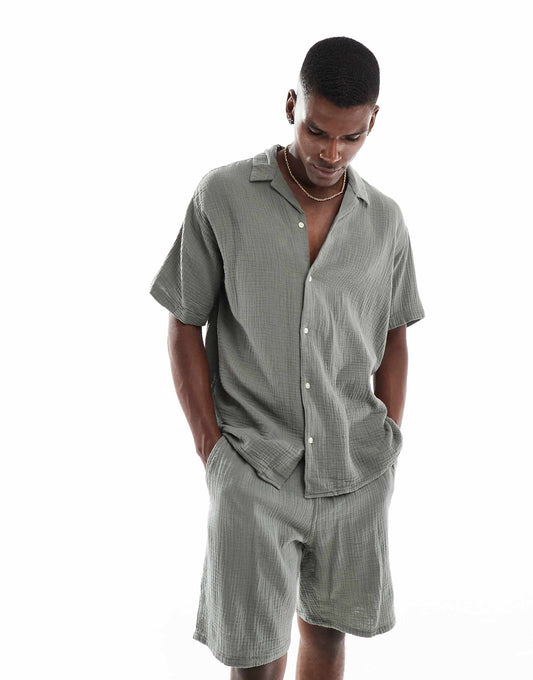 Texture Revere Collar Shirt And Short Set