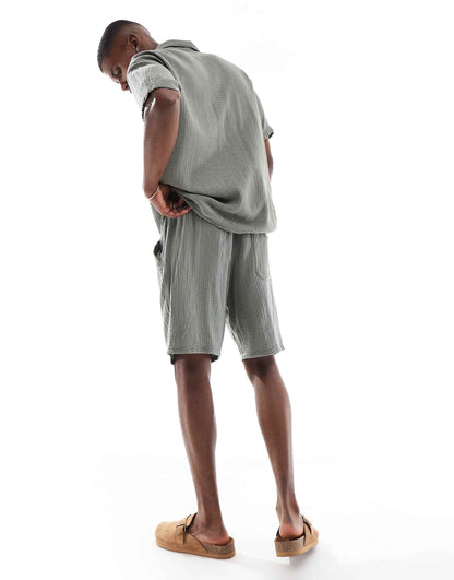 Texture Revere Collar Shirt And Short Set