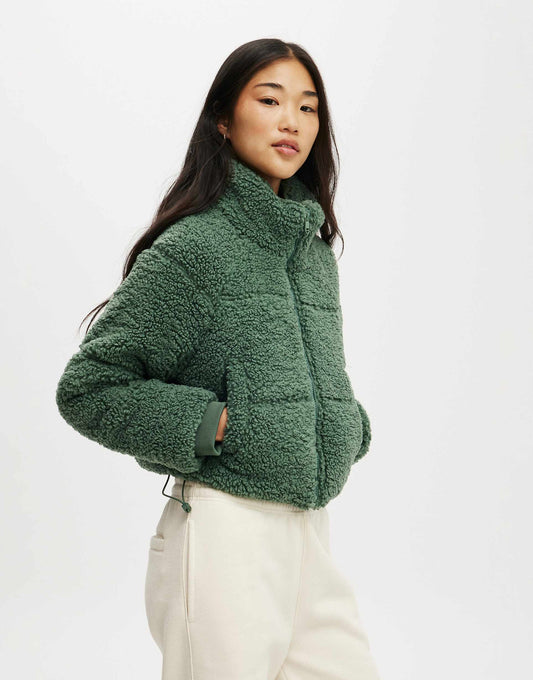 The Mother Puffer Cropped Sherpa Jacket