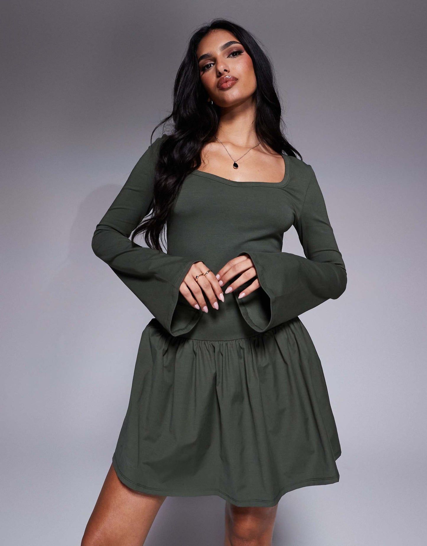 Sweetheart Flare Sleeve Poplin Mix Mini Dress