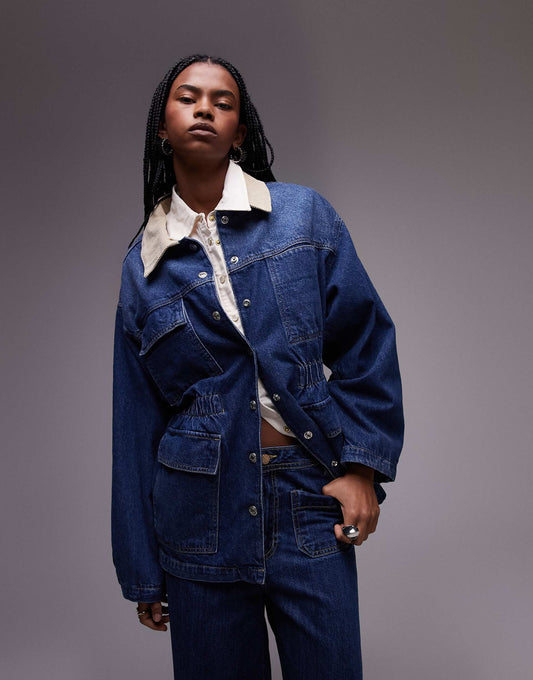Denim Elasticated Waist Barn Jacket With Cord Collar
