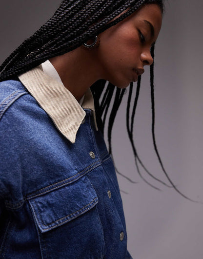 Denim Elasticated Waist Barn Jacket With Cord Collar