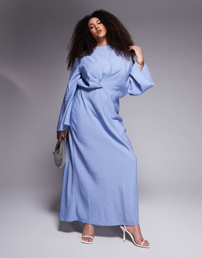 Curve Long Sleeve Tucked Waist Bias Satin Maxi Dress