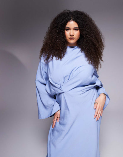 Curve Long Sleeve Tucked Waist Bias Satin Maxi Dress